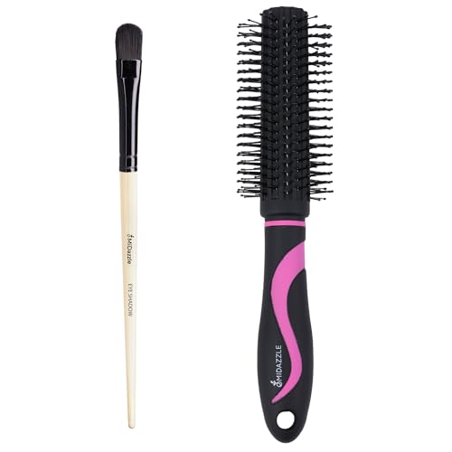 Midazzle Eye Shadow Brush and Round Hair Brush Set, Black-Pink, 2 Piec