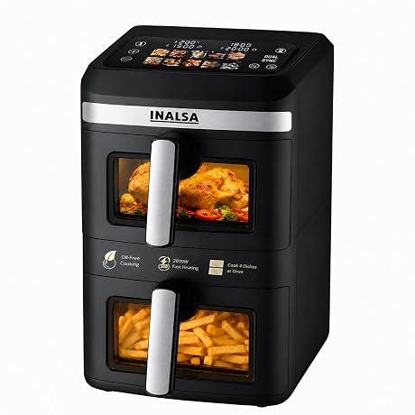 INALSA Double Basket Air Fryer 2800W & 14 L (7L+7L) Large Capacity |No