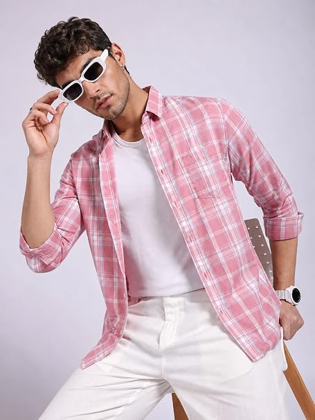 Men's Casual Pink Plaid Button-Down Shirt  Pastel Pink & White, Lightw