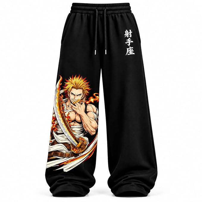 Flame Design Printed Black Joggers for Everyday Fashion Wide Leg Fit,