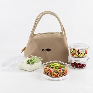 CELLO Alba Glass Lunch Box with Bag for Office Use, Beige | 2 x 320ml