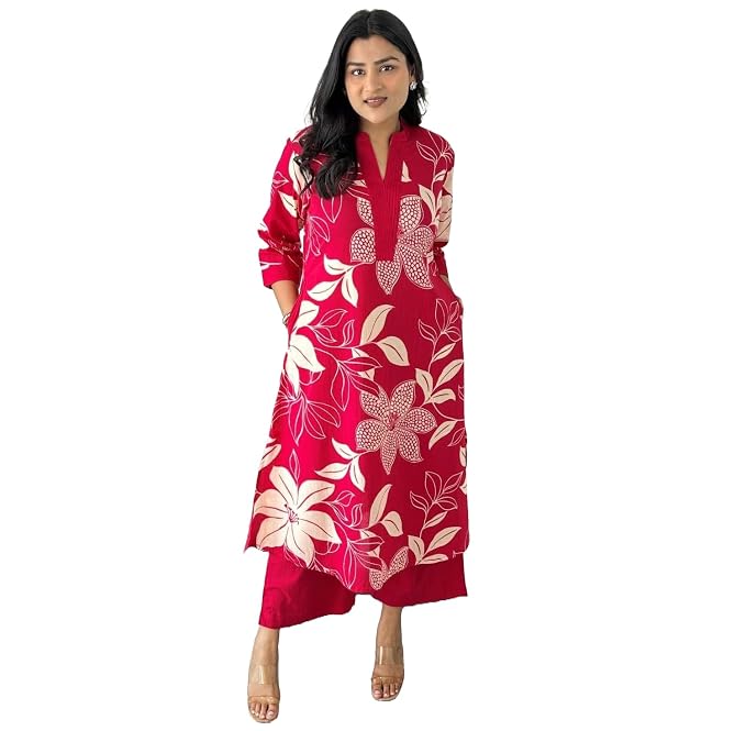 Yashika Women's Floral Printed Cotton Blend 3/4th Sleeve Knee Length V