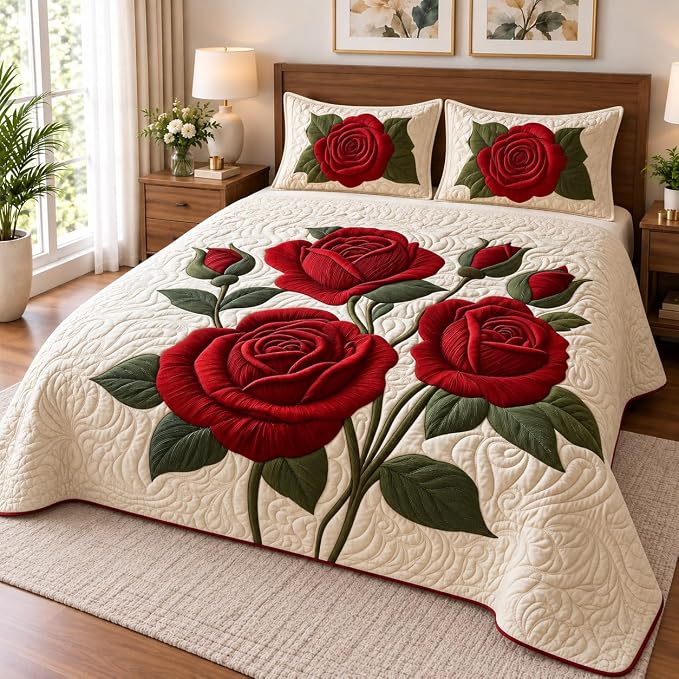 Actual 7D Feel Digital Printed Classic Red Rose Double Bedsheet, Air C