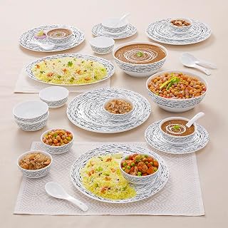 Larah By Borosil Moon Milky Way Dinner Set- 33 Pcs, Opal Glass Dinner