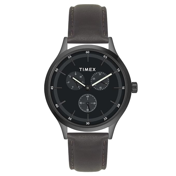 TIMEX Analog Watch for man with Black Round Dial & Brown Leather Strap