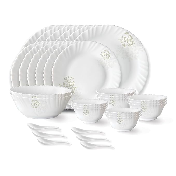 Larah by Borosil Ingot Fluted Series Opalware Dinner Set | 33 Pieces f