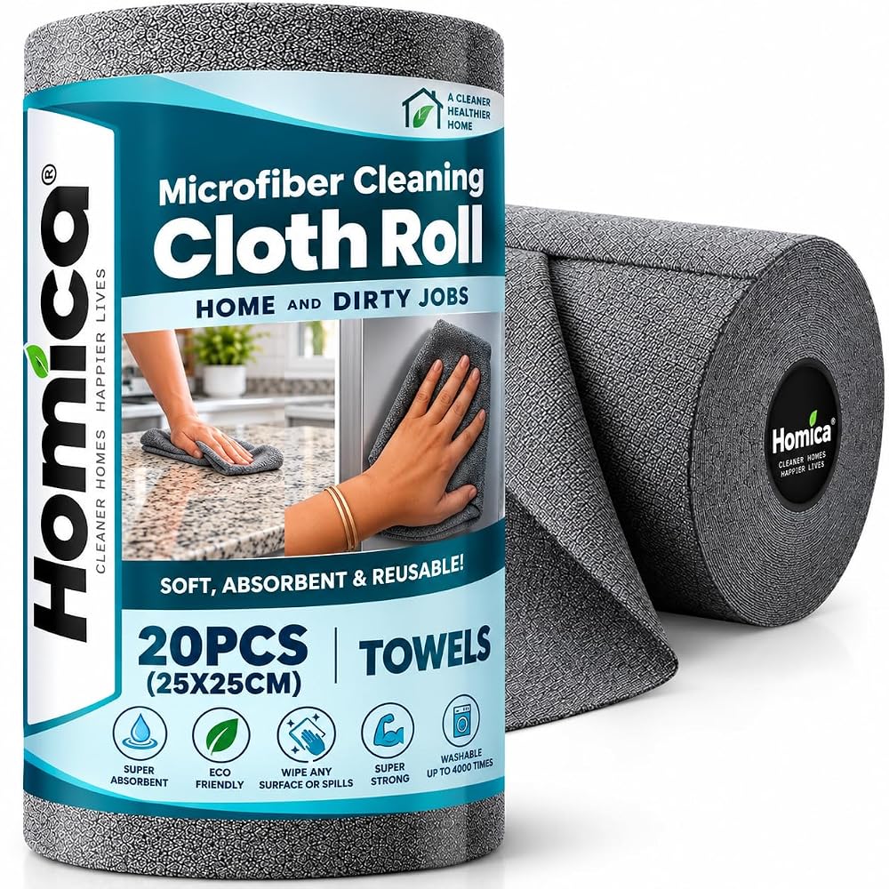 Homica Microfiber Cleaning Cloth Roll 20 Pcs, Reusable & 4000 Times Wa