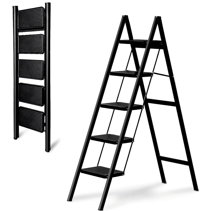 JIALTO 5 Step Metal Ladder for Home, Foldable Lightweight Stepping Sto