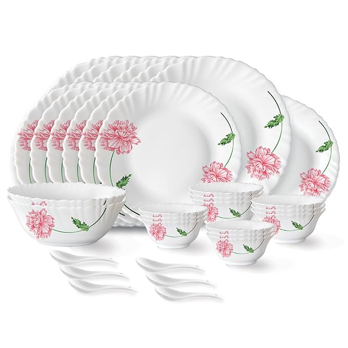 Larah by Borosil Red Mist Fluted Series Opalware Dinner Set | 33 Piece