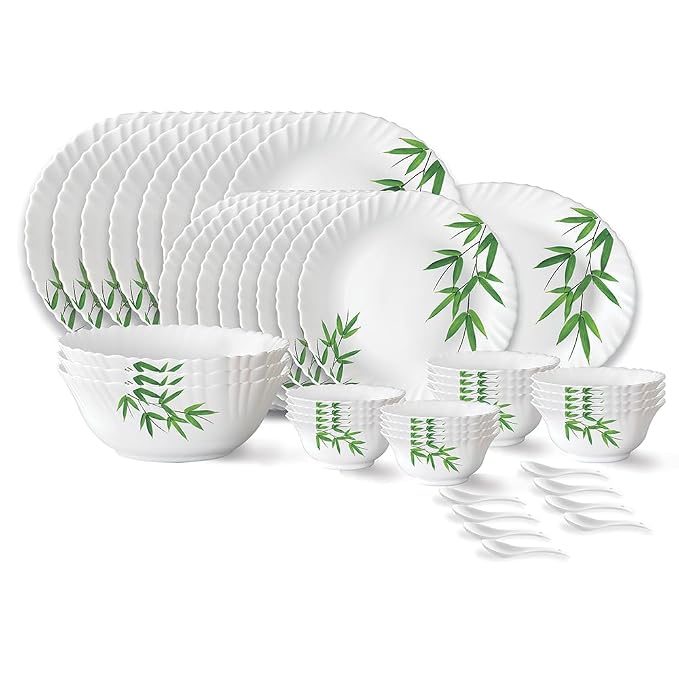 Larah by Borosil Bamboo Leaves Fluted Series Opalware Dinner Set | 44