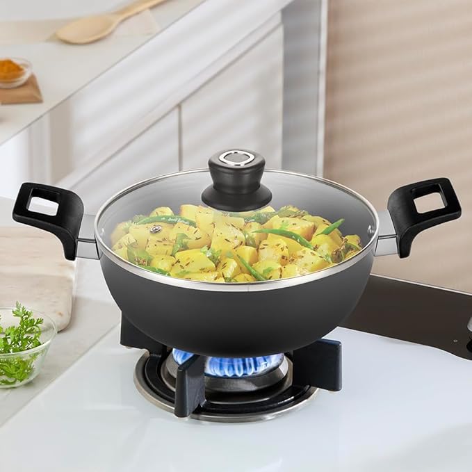 Borosil 2 L (22 cm) Hard Anodized Deep Kadai with Glass Lid | Aluminiu
