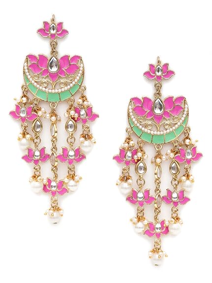 Karatcart Gold Plated Pink Meena Lotus Design Kundan Dangler Earrings