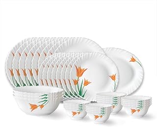 Larah by Borosil Firefly Fluted Series Opalware Dinner Set | 33 Pieces