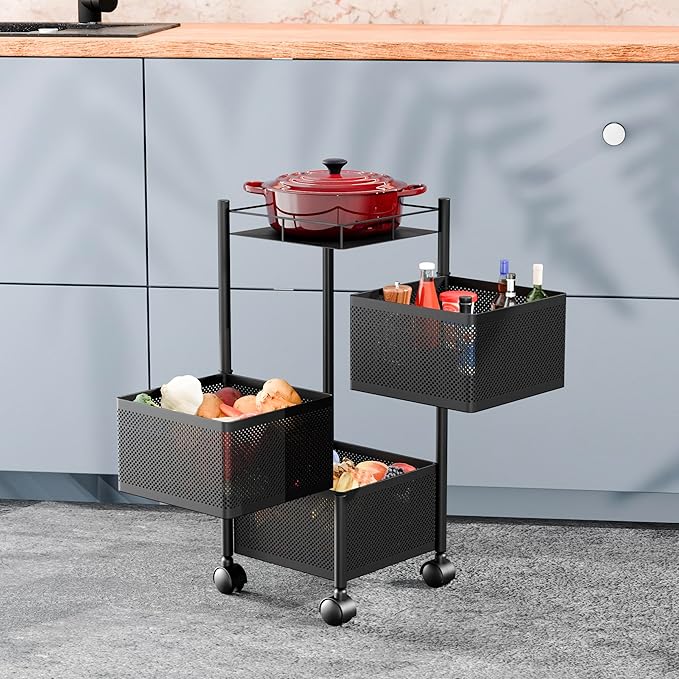 TEX-RO Kitchen Trolley with Wheels | 3-Layer Metal Vegetable Basket St