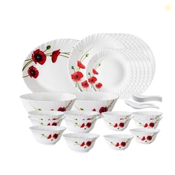 Larah by Borosil Red Carnation Opalware Dinner Set, 33-Pieces, White