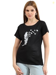 bearbrother Women Regular Fit Printed Black Half Sleeves Round Neck Ts
