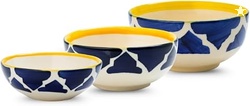 Moroccan Print Blue Ceramic Bowls Set of 3, Microwave & Dishwasher Saf