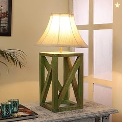 tu casa Handcrafted Mango Wood Table Lamp with Brown Cotton Fabric Sha