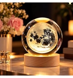 Moon Crystal Ball Night Light, 3.5 Inch Glass Ball Night LED Lamp with